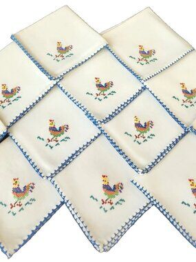 Vtg 1950s Set 12 Hand-Embroidered Cocktail Napkins Blue Scalloped Edges Roosters